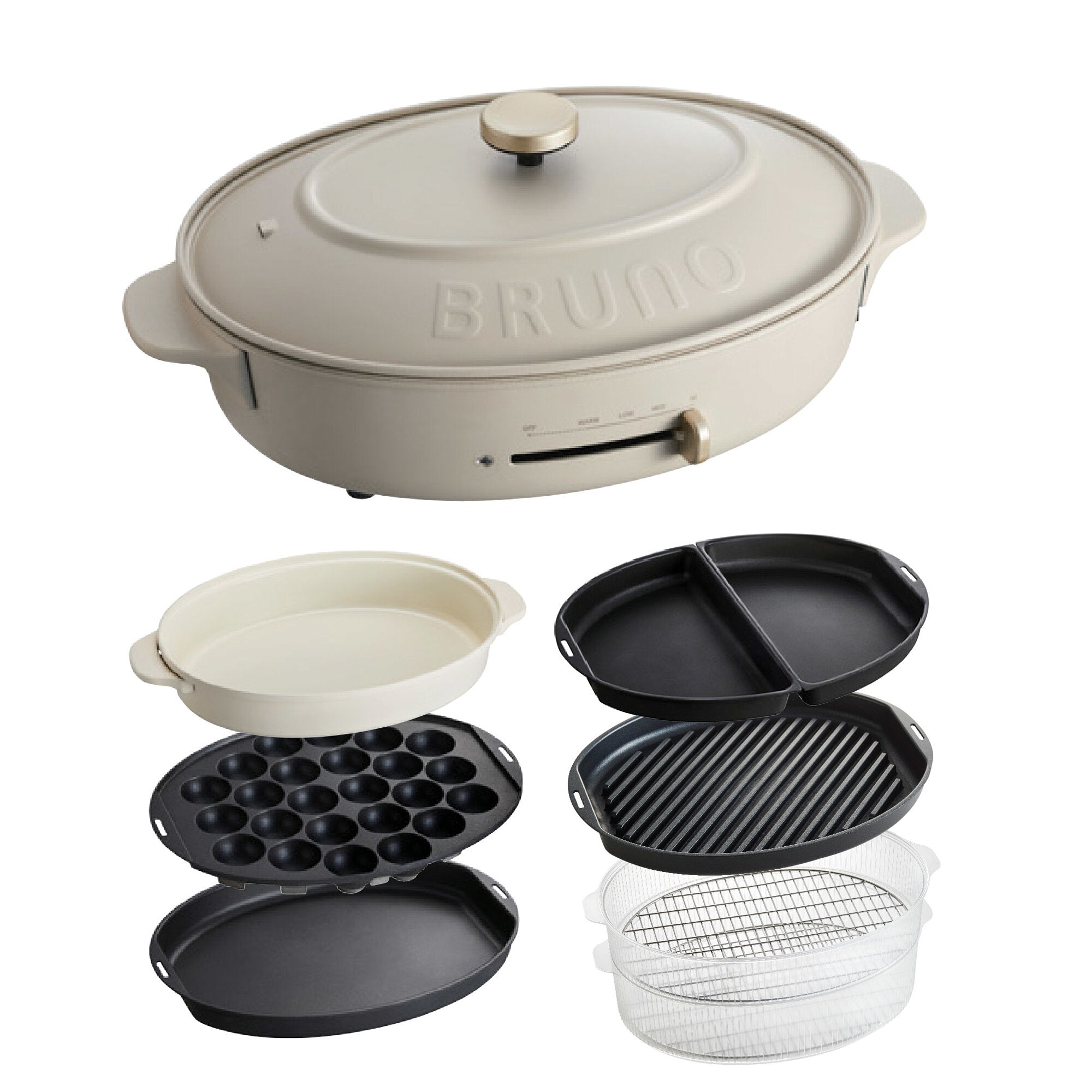 6烤盤套裝!BRUNO 多功能橢圓電熱鍋 Oval Hot Plate - 米白色